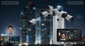 Security camera system with facial recognition technology monitoring cityscape environment at night Royalty Free Stock Photo