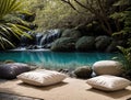 A serene and peaceful scene with a small waterfall in the background, surrounded by lush greenery and rocks. Royalty Free Stock Photo
