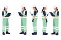 Illustration of female construction worker in safety gear using digital tablet and tools for inspection tasks Royalty Free Stock Photo