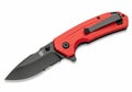 A tactical folding knife with a black blade and bright red handle isolated on white background Royalty Free Stock Photo