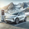 Silver BYD electric SUV at a charging station with mountains., generative ai