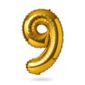 Shimmering gold foil balloon shaped like the number nine floating against white background Royalty Free Stock Photo
