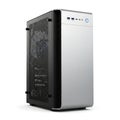 Modern silver and black computer tower case with ventilation mesh and power button Royalty Free Stock Photo