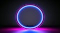 The image shows a sleek, modern neon circular frame glowing in pink and blue on a dark background. Royalty Free Stock Photo