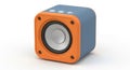 Compact cube-shaped speaker with a vibrant orange and blue color scheme isolated on white background Royalty Free Stock Photo