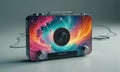 black and silver portable media player with vibrant, abstract space-themed wallpaper sits on gray surface,