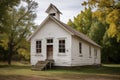 This image shows a small white church with a steeple and a simple door, Quaint one-room schoolhouse in a peaceful rural setting,