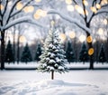 Winter Scene with Christmas Tree in the Snow. Royalty Free Stock Photo