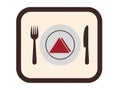 Icon depicting a meal with a red triangle warning symbol and cutlery isolated on white background Royalty Free Stock Photo