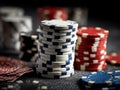 Image shows a stack of casino chips with playing cards around, suggesting gambling or risk-taking - AI-Generated Royalty Free Stock Photo