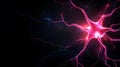The image shows a stylized representation of a neuron, its branches emitting a bright pink glow against a dark background with