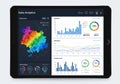 A tablet displaying a vibrant data analytics dashboard with various charts and graphs Royalty Free Stock Photo