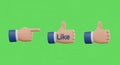 Three cartoon hands showing like and pointing gestures on green background Royalty Free Stock Photo