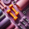 This image shows a top view of colorful fitness equipment including dumbbells, yoga mats, and weights on a purple