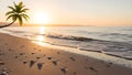 Serene beach at sunset with palm tree and calm waves on sandy shore Royalty Free Stock Photo