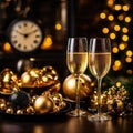 The image shows two crystal champagne flutes filled with bubbly champagne resting on a table decorated for Christmas. Royalty Free Stock Photo