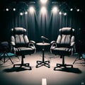 Two empty chairs face a mixing console in a professional music recording studio. Royalty Free Stock Photo