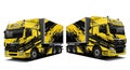 Yellow and black semi trucks with trailers parked side by side Royalty Free Stock Photo