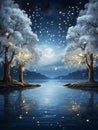 Two trees standing on the edge of a calm lake at night. Royalty Free Stock Photo