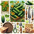 The image shows a variety of cucumbers and gardening tools arranged in a collage. There are also seeds and plants scattered