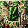 The image shows a variety of cucumbers, tomatoes and gardening tools arranged in a collage on a table. There are also seeds and