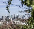 The university of Greenwich, the view of Canary Wharf through the bushes.