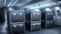 Secure cargo containers stacked inside an aircraft's cargo hold, AI Royalty Free Stock Photo