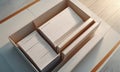 white cardboard box with two open compartments reveals neatly stacked white papers, arranged in visually Royalty Free Stock Photo