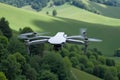 The image shows a white drone over a green field with trees in the background, animated Royalty Free Stock Photo