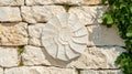 A white seashell sculpture is mounted on a stone wall. Royalty Free Stock Photo