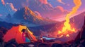 The image shows a woman sleeping in a tent against a volcano landscape on a modern cartoon background. The figure is Royalty Free Stock Photo