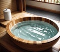 A wooden bathtub in a Japanese-style bathroom. Royalty Free Stock Photo