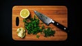 A wooden cutting board with a knife, lemon, and parsley on it. Royalty Free Stock Photo