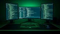 A hacker\'s workspace with multiple screens displaying code in a dark room Royalty Free Stock Photo