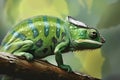 Image of side view of a green chameleon on a branch on natural background. Wild Animals. reptile, illustration. Generative AI