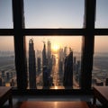 A silhouette of skyline of Dubai at sunset framed by an arch-shaped seating shade. made with Generative AI