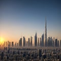 A silhouette of skyline of Dubai at sunset framed by an arch-shaped seating shade. made with Generative AI