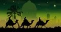 Image of silhouette of three wise men over city on green background