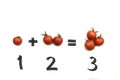 Image of simple math addition operation for kids, math operation with white background made with tomatoes