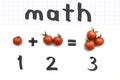 Image of simple math addition operation for kids, math operation with white background made with tomatoes