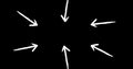 Image of six white arrows pointing inwards on black background