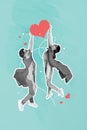 Image sketch collage of funny fantasy characters fly air hands hold heart shape  on blue drawing background Royalty Free Stock Photo