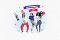 Image sketch minimal collage of three positive happy ladies celebrate holiday dressed patriotic usa clothes isolated on Royalty Free Stock Photo