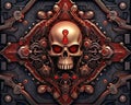 an image of a skull surrounded by gears and red eyes
