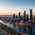 The skyline of Perth has the city central business district at noon.