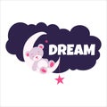 Image of a sleeping bear cub on the moon with stars and a cloud Royalty Free Stock Photo