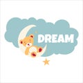 Image of a sleeping bear cub on the moon with stars and a cloud Royalty Free Stock Photo