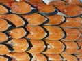 sliced or cut ready fresh salmon fish meat for sale.