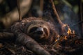 Image of sloth exhausted in the midst of wildfires and smoke. Wildlife Animals. Illustration. Generative AI