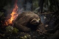 Image of sloth exhausted in the midst of wildfires and smoke. Wildlife Animals. Illustration. Generative AI